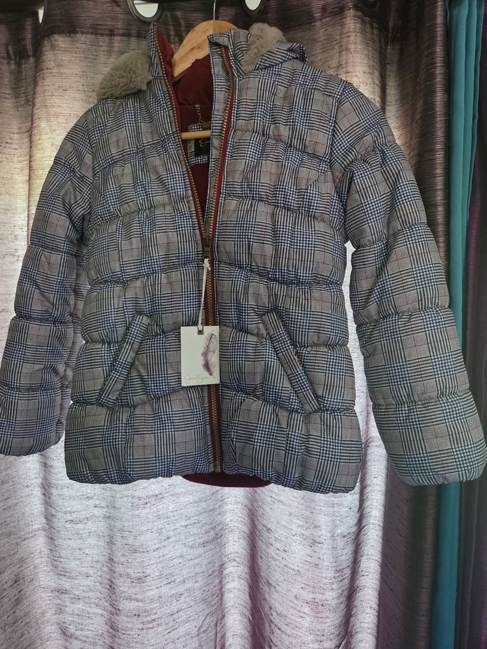 Jessica Simpson Plaid Puffer Jacket with Faux Fur Trim - Gray/Navy